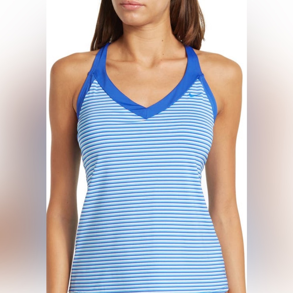 Nike Stripe v-neck Swim tank blue white halter racer back tankini bikini top